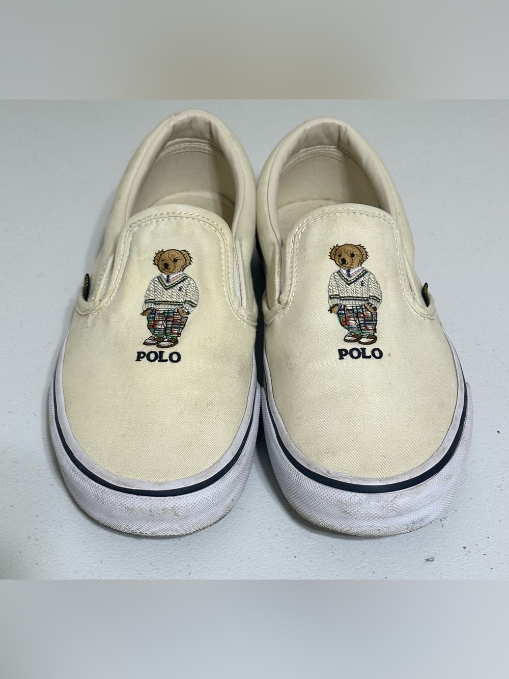 Polo Ralph Lauren Keaton-Slip Shoes Mens Cream Sweater Bear Canvas Slip On 9